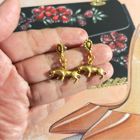 Gold Leopard Dangle Earrings - Picture 4 of 4